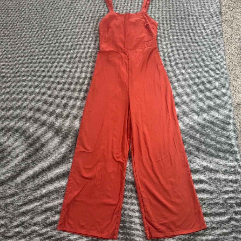 Shinesd Women Terracotta Orange Wide Leg Jumpsuit Smocked Back Size M